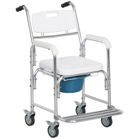 HOMCOM 3-In-1 Shower Wheelchair, Transport Beside Commode Chair, Waterproof Rolling, 330 lbs Weight Capacity with Padded Seat, White
